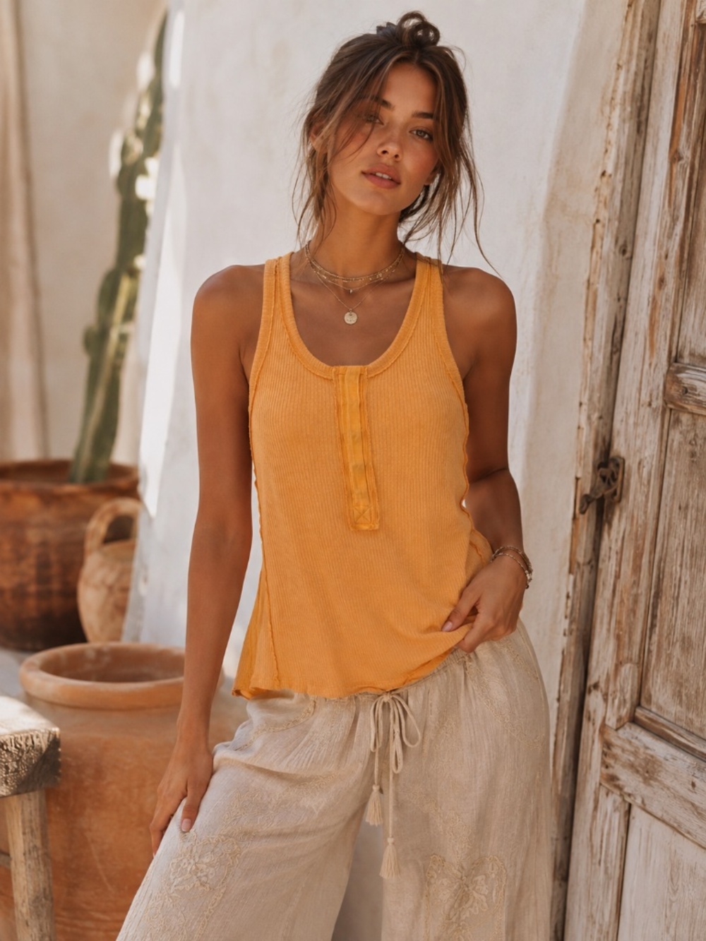Free People We the Free henley ribbed vacay tank top marigold size XS
